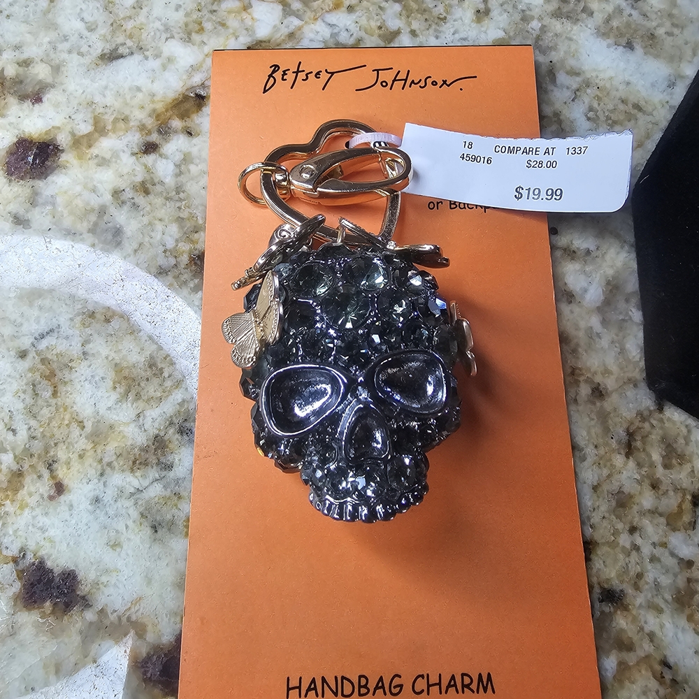 Betsey Johnson Black Crystal Skull Bag Charm with Gold Accents